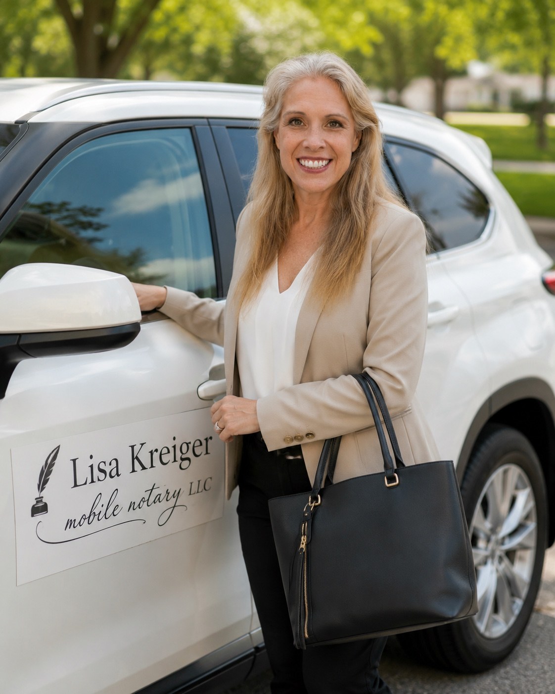 Lisa Kreiger providing professional mobile notary service beside her vehicle